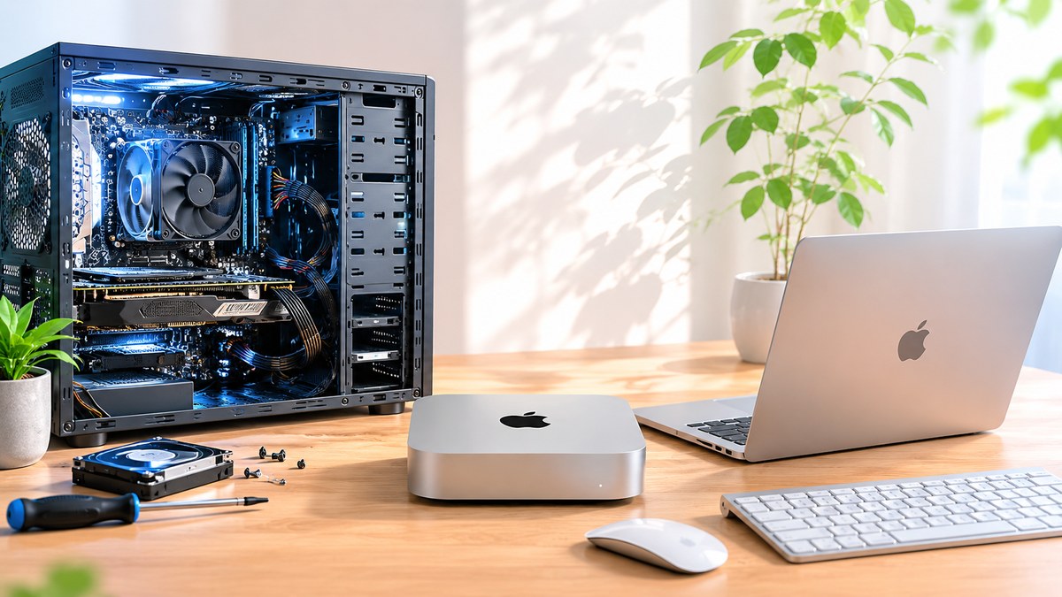 中が見える自作デスクトップPCと、MacBook・Mac miniを並べた比較