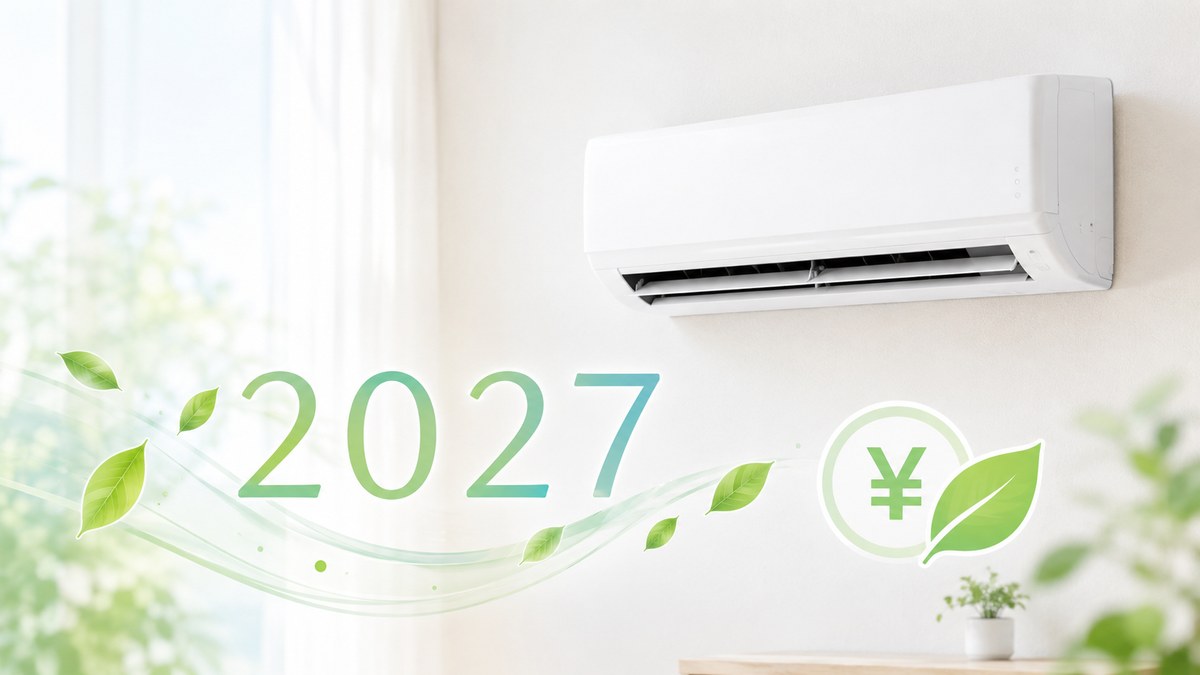 壁掛けの家庭用エアコンと2027の文字・省エネと電気代をイメージした葉と¥マーク