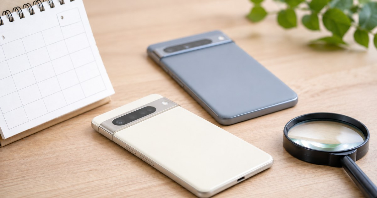 机に並んだ2台のPixel風スマートフォンとカレンダー・虫眼鏡