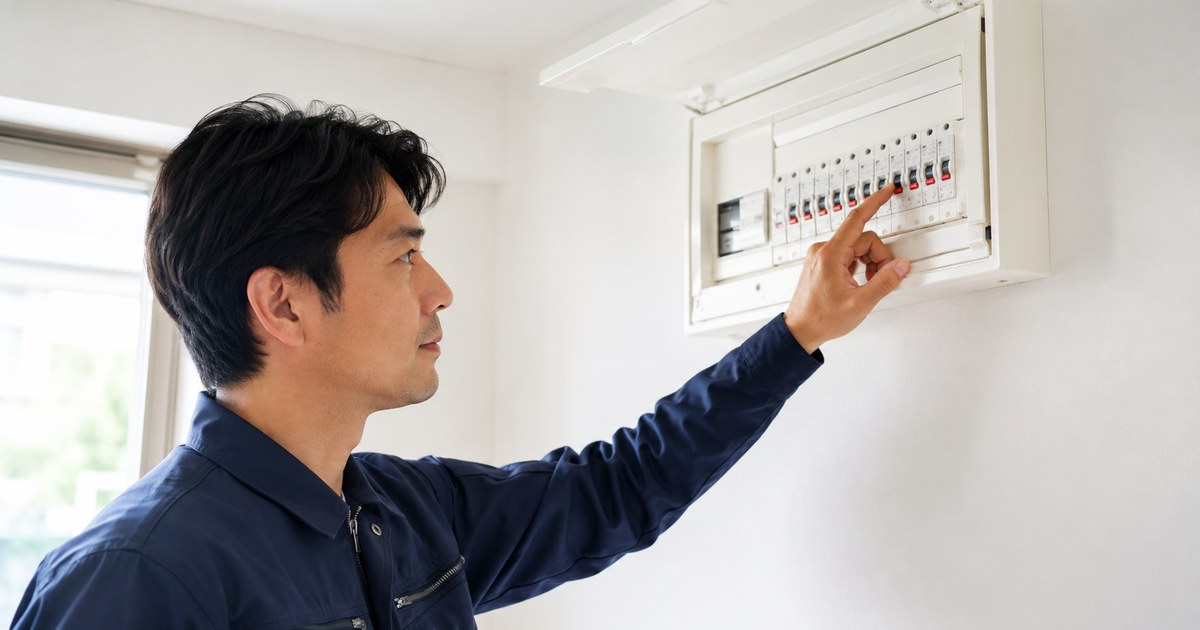 分電盤のブレーカーを点検する作業着の電気工事士