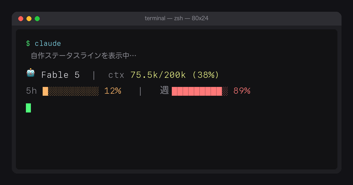 Claude Codeステータスラインの表示例。モデル名・コンテキスト使用率・5時間ゲージ・週間ゲージが1行で表示されている