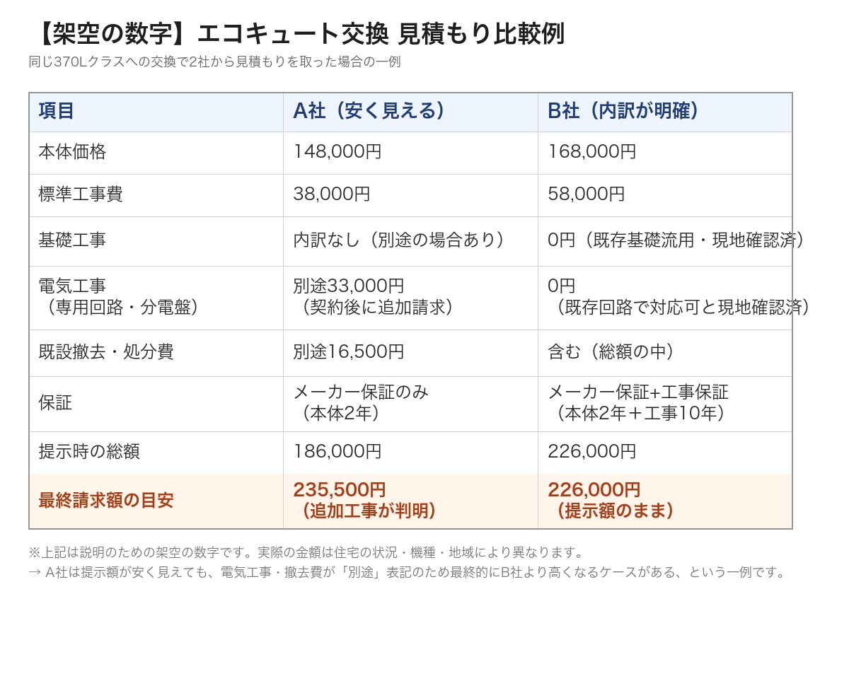 エコキュート交換の見積もり比較例（架空の数字）。A社は提示額186,000円だが電気工事と撤去費が別途で最終請求額235,500円に。B社は提示額226,000円のまま最終請求額も226,000円